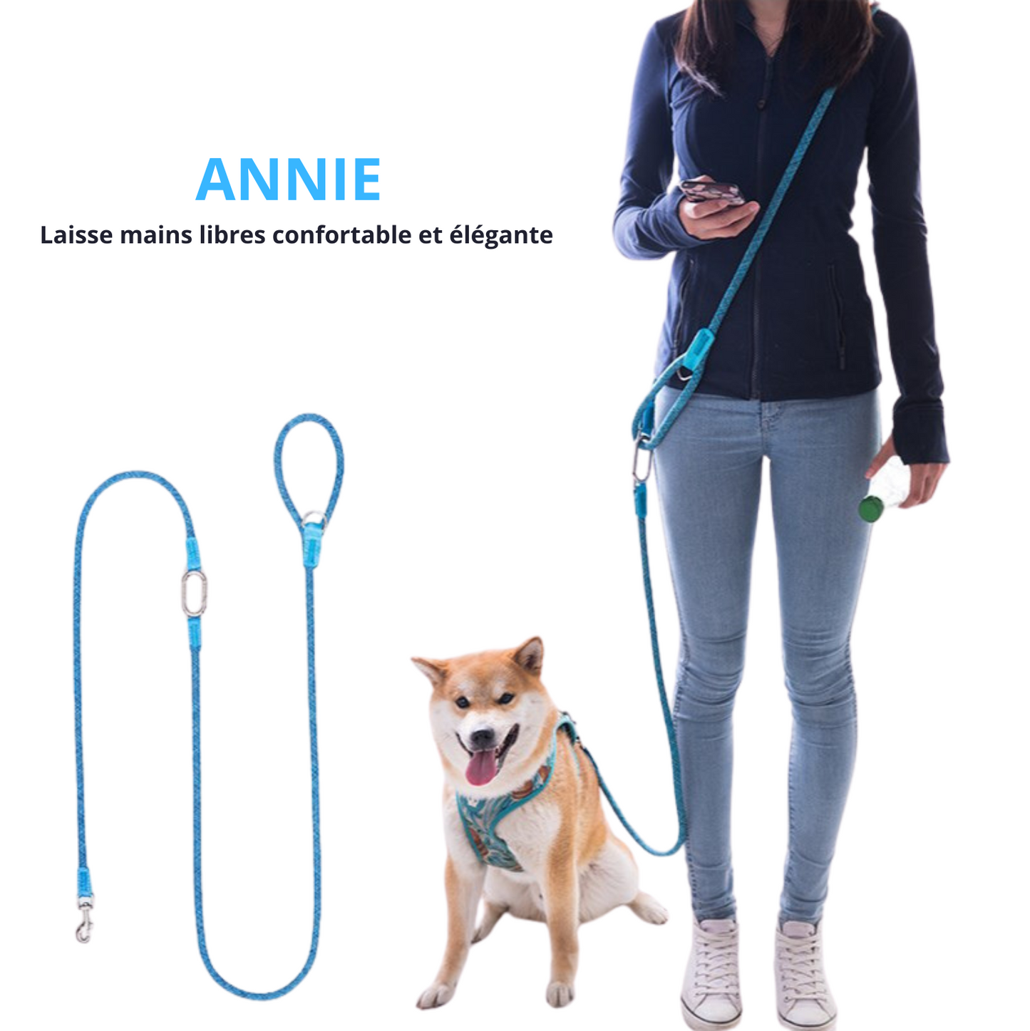 ANNIE - Laisse mains libres antidérapante pour chiens moyens et grands